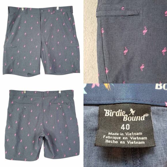 Birdie Bound Cargo Shorts Golf Flat Front Men's Size 40 Navy Blue Flamingo - Picture 1 of 12